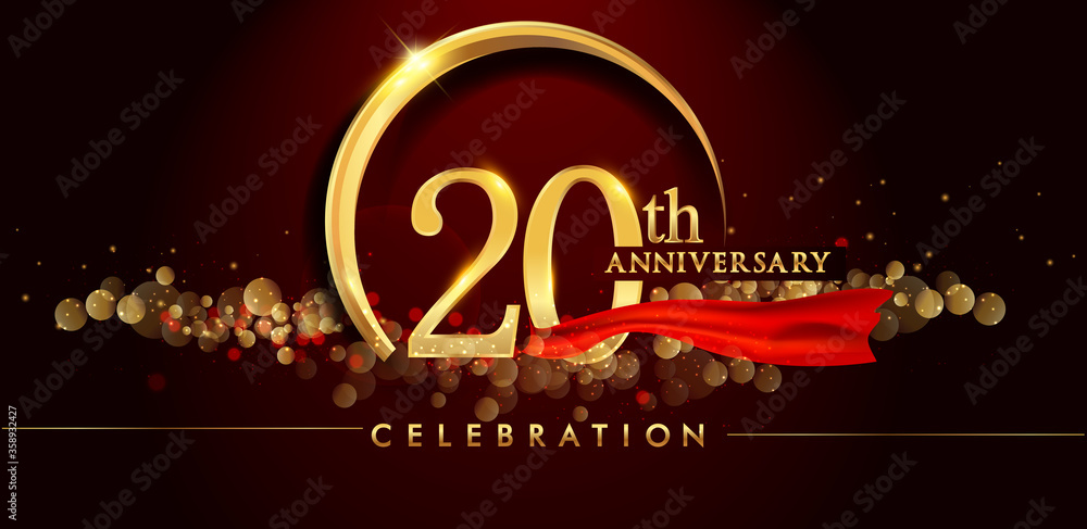 20th anniversary logo with golden ring, confetti and red ribbon ...