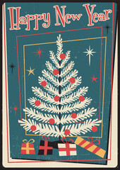 happy new year 2021 greeting card mid century modern postcard style, christmas tree, decorations, vi