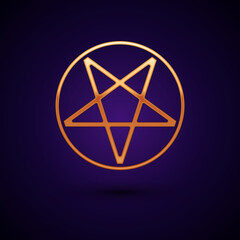 Sticker - Gold Pentagram in a circle icon isolated on black background. Magic occult star symbol. Vector Illustration.