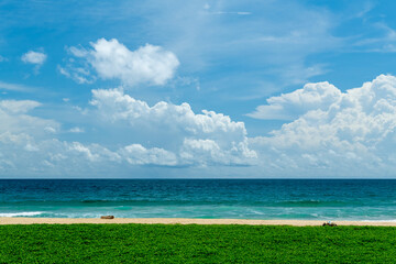 Wall Mural - Tropical island background concept with copy space. Green grass and sandy beach with bright and colorful oceand and sky in sunny day.