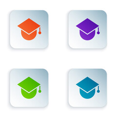 Sticker - Color Graduation cap on globe icon isolated on white background. World education symbol. Online learning or e-learning concept. Set colorful icons in square buttons. Vector Illustration.