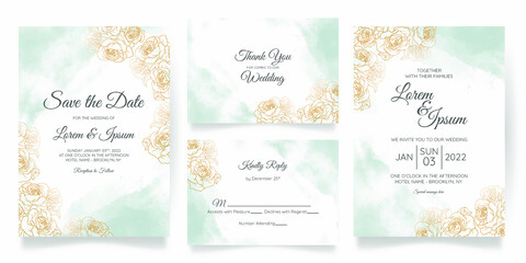 watercolor wedding invitation card template set with floral decoration