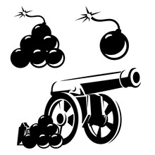 Antique Cannon And Artillery Bomb Balls Black And White Vector Outline Design Set