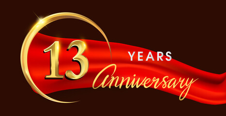 13th anniversary logotype with golden ring isolated on red ribbon elegant background, vector design for birthday celebration, greeting card and invitation card.