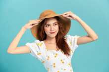 Portrait Of A Beautiful Woman In A Straw Hat. Laughing Girl. Summer Time