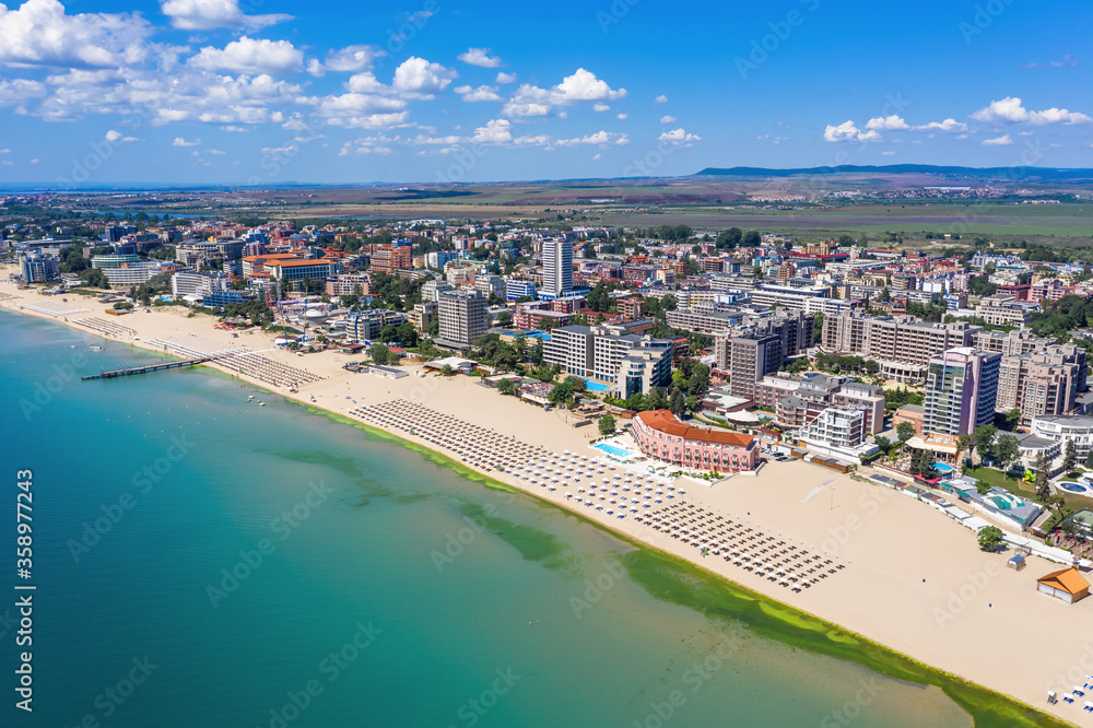 Aerial view of drone to the sea resort Sunny Beach on the Bulgarian Blak Sea coast - obrazy, fototapety, plakaty 