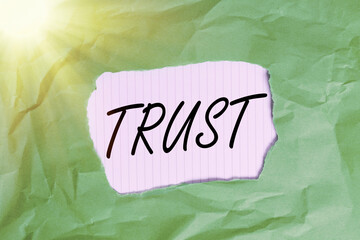 Writing note showing Trust. Business concept for firm belief in the reliability truth ability or strength of someone Green crumpled colored paper sheet torn colorful background