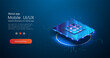 © ZinetroN - Concept for mobile sim card technology and network. SIM card chip sign. Embedded SIM concept. Futuristic microchip processor with lights on the blue background. Quantum computer. CPU isometric banner