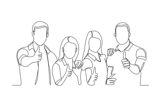 Continuous line drawing of men and women thumb up and embrace together in friendship. Vector illustration