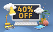40 Forty percent off 3d illustration in cartoon style. Online shopping Sale concept.
