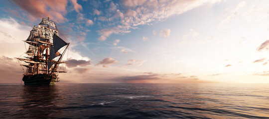 Pirate ship sailing on the ocean at sunset