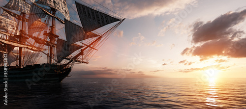 Fotomural Pirate ship sailing on the ocean at sunset