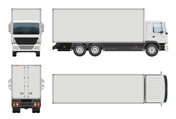 Wall Mural - Box truck vector template with simple colors without gradients and effects. View from side, front, back, and top