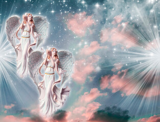 two angels archangels with dove over beautiful divine angelic mystic ping gray background with rays of light and stars like spiritual and religious mystical concept and concept of peace 