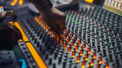 Fototapete - Close up Shot of Surface Control Desk EQ Mixer. Artist Works in the Music Record Studio. Buttons, Faders, Sliders to Broadcast, Record, Play Hit Song.