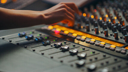Fototapete - Modern Music Record Studio Control Desk with Automatic Equalizer, Mixer and other Professional Equipment. Switchers, Buttons, Faders, Sliders, Motorized Faders Move, Record, Play Hit Song. Close-up 