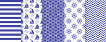 Nautical Seamless Pattern. Sea Navy Blue Backgrounds With Sailboat, Waves, Zigzag, Stripe And Wheel. Vector. Set Marine Textures. Geometric Print For Baby Shower, Scrapbooking. Monochrome Illustration