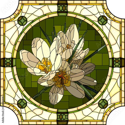 Dekoracja na wymiar  mozaika-wektorowa-z-kwitnacymi-bialymi-krokusami-w-okraglej-ramie-dekoracyjnej-witrazowej