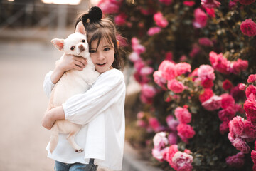 Wall Mural - Smiling kid girl 3-4 year old holding pet dog over flower background closeup. Looking at camera. Selective focus on puppy.