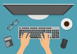 Flat design illustration of computer keyboard and monitor in office on desk with cup of coffee, mobile phone and calculator. Hands writing text, vector