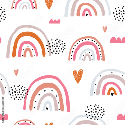 Fotografia, Obraz Childish seamless pattern with hand drawn rainbow and and hearts