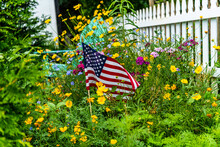 American Flag Outdoors In Garden Of Wild Flowers