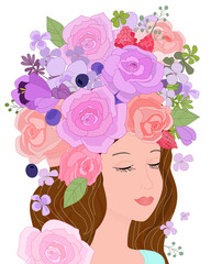 Fotomurales - portrait of romantic girl with lilac roses, summer forest berrie