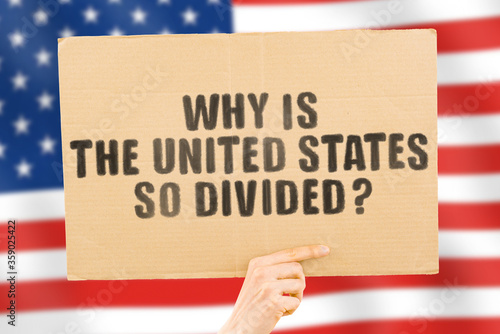 Cuadros en Lienzo The phrase Why is the United States so divided? on a banner in men's hand with blurred American flag on the background