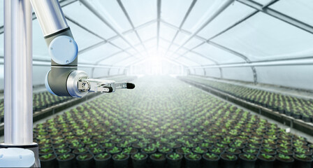 Poster - Robot is working in a greenhouse. Smart farming and digital agriculture 4.0