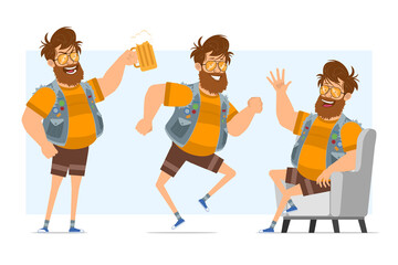 Wall Mural - Cartoon flat funny bearded fat hipster man character in jeans jerkin and sunglasses. Ready for animation. Boy resting, dancing and holding beer. Isolated on blue background. Vector icon set.