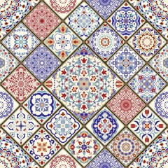 Wall Mural - Seamless colorful patchwork in turkish style. Hand drawn background. Azulejos tiles patchwork. Portuguese and Spain decor. Islam, Arabic, Indian, ottoman motif. Perfect for printing on fabric or paper