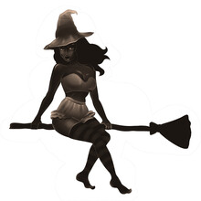 Beautiful And Sexy Young Witch  Flying On The Broom In Retro Style. Pin Up  Halloween Character. Vintage Illustration With Noise.