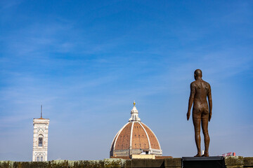 Details of Cathedral of Saint Mary of the Flower, called Cattedrale di Santa Maria del Fiore in Florence Tuscany from Uffizi Gallery.