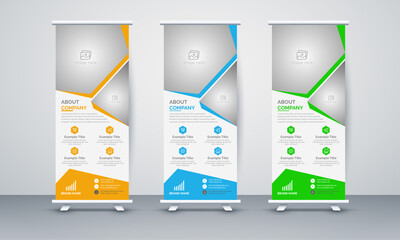 The vector illustration of the editable layout of roll up banner stands, vertical flyers, flags design business templates, business roll up banner