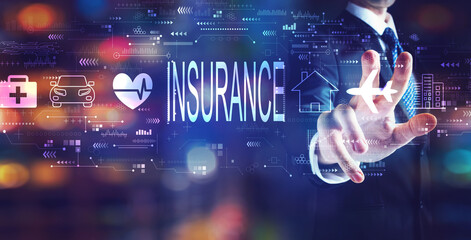 Wall Mural - Insurance concept with businessman on night city background