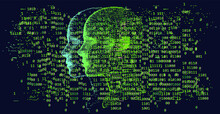 Human Head Made Of Particles On Binary Code Background. Cyberpunk Style Illustration.
