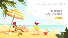 Website Design With Woman Sitting In The Sun Lounger Under A Sunshade And Girl With Rubber Ring. Vector Illustration For Beach Holidays, Summer Vacation, Leisure, Recreation, Nature.