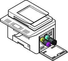 Line Style Drawing Of A Multifunction Office Laser Printer.  Showing Toner Cartridges Being Removed / Installed. 