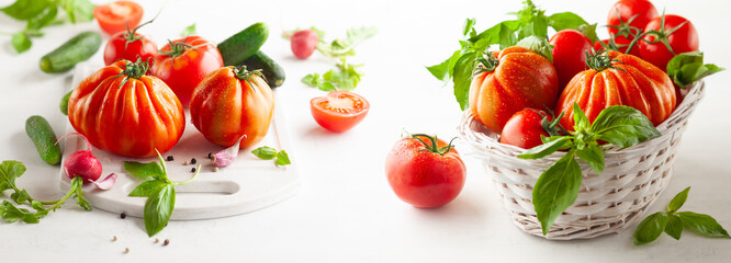 Wall Mural -  Healthy food concept with fresh ripe tomatoes, cucumbers, radish, basil, garlic and spices. Clean eating