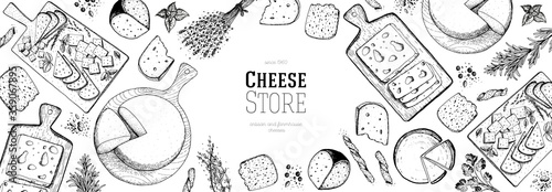 Fotografía Cheese hand drawn illustration, top view frame
