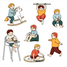 Cute Baby Boys In Various Poses. Vector Hand Drawn Illustration Isolated On White Background. Swinging On A Unicorn, Eating On A Highchair, Playing With A Train, Sitting On A Pot.