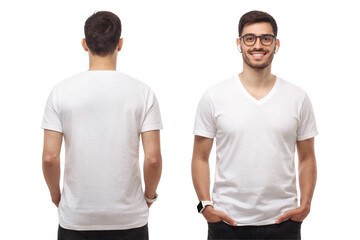 Front and back view of young man standing with hands in pockets, wearing blank tshirt with copy space and glasses, isolated on white background