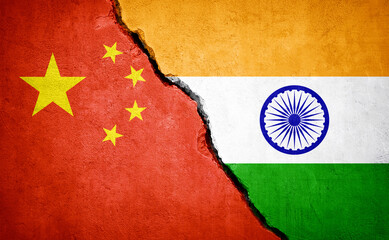 Wall Mural - China and India conflict. Country flags on broken wall. Illustration.