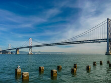 San Francisco Bay Bridge With Old Posts In The Foreground And A Lonely Seagull