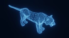 Illustration Of A Blue Neon Glowing Tiger From A Three-dimensional Grid. 3d Rendering.
