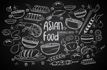 Cartoon cute hand drawn Japan food seamless pattern. Line art with lots of objects background. Endless funny vector illustration. Sketchy backdrop with asian cuisine symbols and items