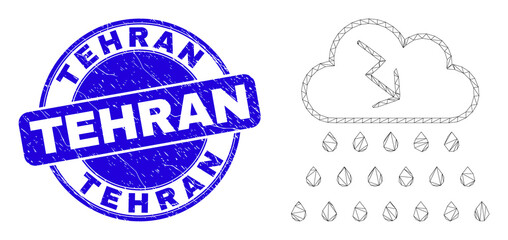 Wall Mural - Web mesh storm cloud pictogram and Tehran seal stamp. Blue vector round distress seal with Tehran phrase. Abstract carcass mesh polygonal model created from storm cloud pictogram.