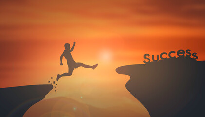 Wall Mural - man jump cliff at sunrise