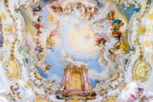 Wies, Germany. The Pilgrimage Church Of Wies (Wieskirche), An Oval Rococo Church Located In The Foothills Of The Alps, Bavaria. A World Heritage Site