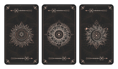 Wall Mural - Vector set of three dark illustrations with sacred geometry symbols, grunge textures and frames. Images in black and gold colors. 